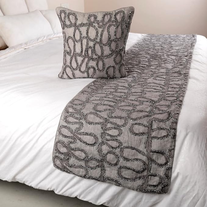 The HomeCentric King Queen Twin Bed Runner Without Pillow Cover, Grey Designer Bed Scarf in Linen with Embroidery, Queen Size 74"x18" Bed Runner Without Pillow Cover, Bed Linen - Grace Forever