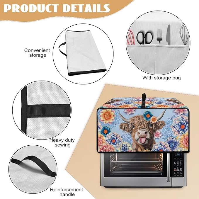 Microwave Oven Cover Heavy Duty Microwave Oven Dust Cover with Storage Pockets Dust-Proof Reusable Decor Accessories for Kitchen, Highland Cattle Boho Mandala Floral Print, S