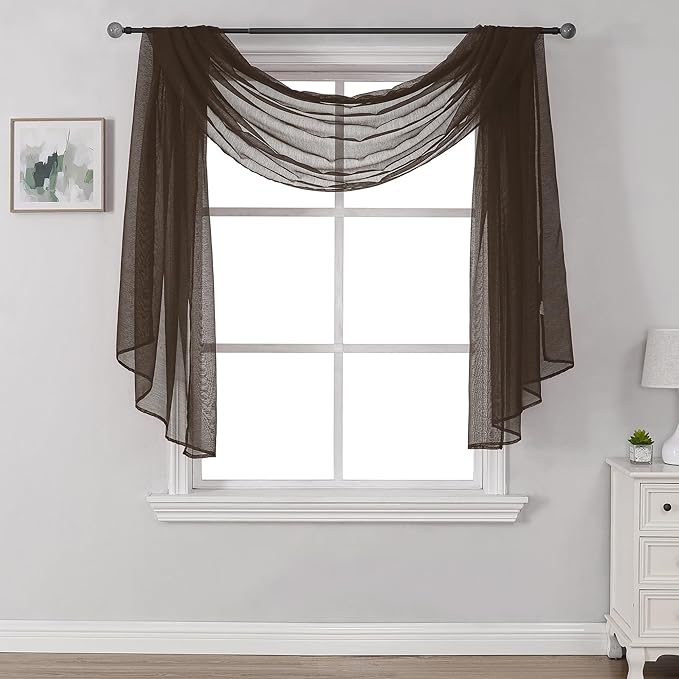 DONREN Luxury Soft Sheer Curtains Scarf for Windows - Semi Voile Window Scarf Valance,34 Inches Wide by 144 Inches Long (1 Panel,Chocolate Brown)