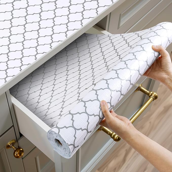 Shelf and Drawer Liner for Kitchen Cabinets Non-Adhesive, Strong Grip Non-Slip Thickened Cabinet Liners for Shelves, Waterproof Mats for Dresser Cupboard, White/Gray, 12 in x 10 Feet