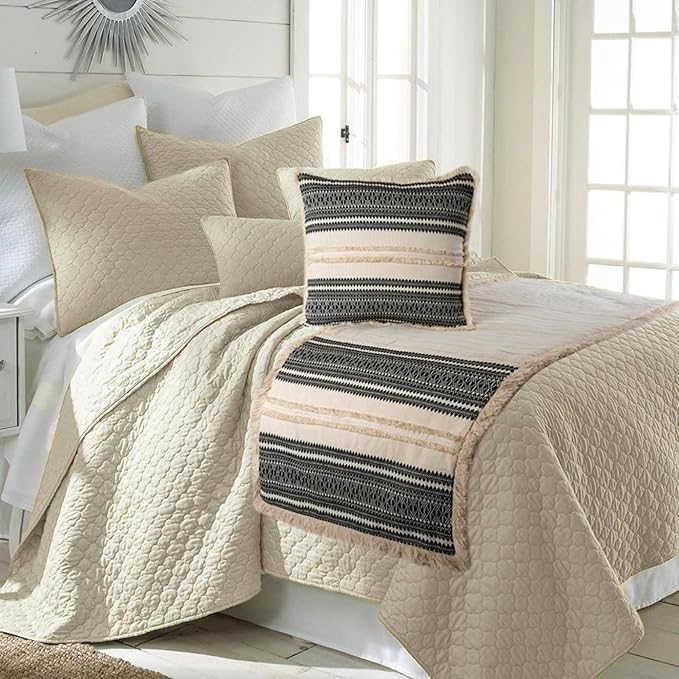 The HomeCentric Beige Bed Runner, Twin Size 53"x18" Decorative Bed Runner with Matching Pillow Cover, Beige & Black Linen Bed Scarf in Quilted, Natural Linen with Lace - Moroccan Vibe