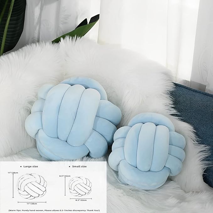 Knot Ball Pillows, Round Throw Pillow Cushion Home Decoration Soft Plush Pillow, Throw Knotted Ball Pillow Handmade Children Room Decoration Round Plush Toy Pillow (Light Blue,8.5"/22cm)