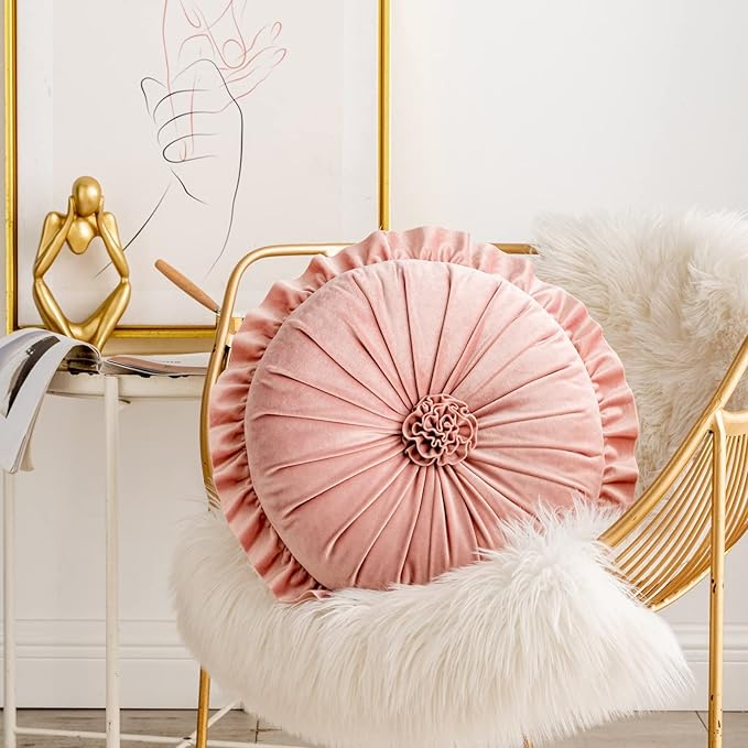 S SSOY Velvet Round Pillow - Ruffle Home Decoration, 13.7in