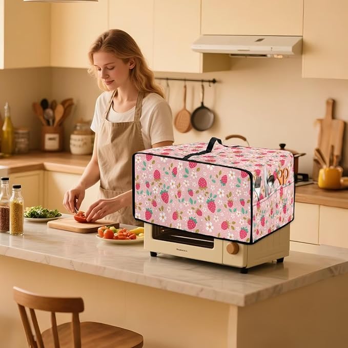 Pink Strawberry Cherry Blossom Print Microwave Oven Dust Cover Toaster Oven Cover Foldable Polyester-Linen Fabric Small Appliance Dust Covers Suitable for Most Microwave Ovens, S
