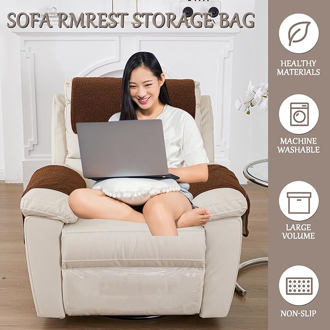 Armrest Cover, Recliner Chair Protector, Furniture Protector Slip, Side Storage Pocket, Stretch Armchair Couch Arm Rest Cover for Recliner, Chair, Sofa (Coffee,1 Seater(3pcs))
