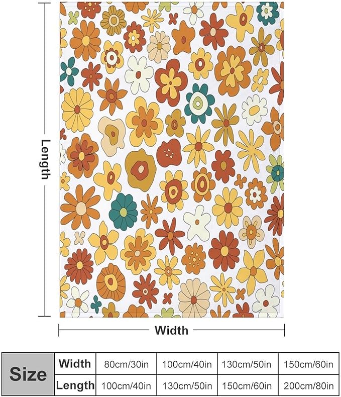 Vintage Hippie Floral Blanket, 70s Boho Abstract Yellow Orange Flowers Funny Print Throw Blanket for Holiday Theme Home Decor Bedding Couch 30"x40"