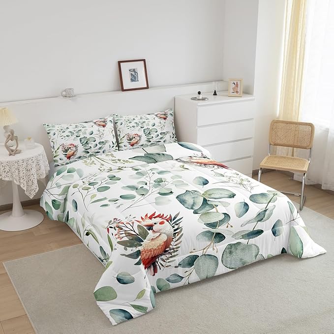 Erosebridal Cartoon Animal King Bedding Sets for Kids Toddler Kawaii Parrot Comforter Set, Wild Bird Duvet Insert Cute Wildlife Down Comforter, Botanical Green Eucalyptus Bedding Comforter Sets