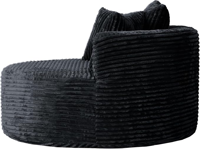 JACH Oversized Round Lazy Sofa Chair with Three Pillows, 50" Corduroy Deep Seat Single Sleeper Sofas, Upholstered Chaise, Cloud Couch for Living Room, Apartment, Black