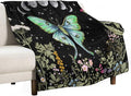 Moth Floral Flannel Blanket, Gothic Witchy Moon Phase Botanical Vintage Wildflower Plantsprint Soft Warm Fuzzy Throw Blanket for Couch Sofa Office Bed, 40"x50"