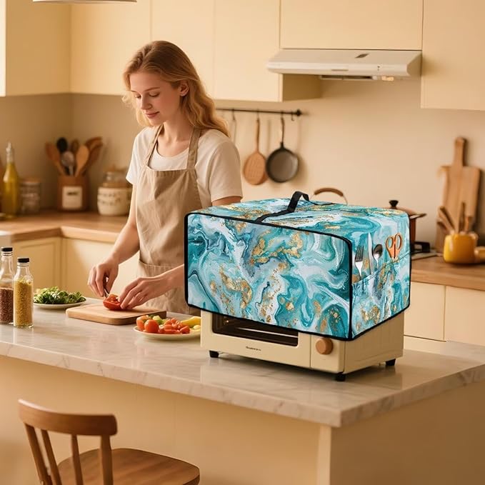 Convection Toaster Oven Dust Cover Washable Fabric Electric Appliance Protector, Easy to Clean Microwave and Convection Oven Dustproof Covers, M, Tea Gold Marble