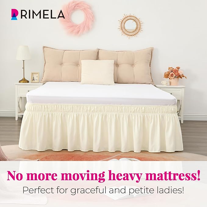 RIMELA Butter Yellow Bed Skirt Full Size 15 Inch Drop, Elastic Bed Skirting for Bed Base and Frame, Bedding Dust Ruffle Easy to Install, Lightweight Wrap Around Adjustable Bedskirt
