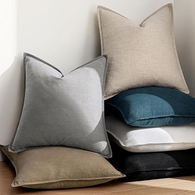 EMEMA Decorative Linen Throw Pillow Covers 20x20 Inch Natural Beige Boho Farmhouse Neutral Couch Throw Pillows for Bed Pack of 2 Accent Pillowcase Modern Sofa Cushion Livingroom Home