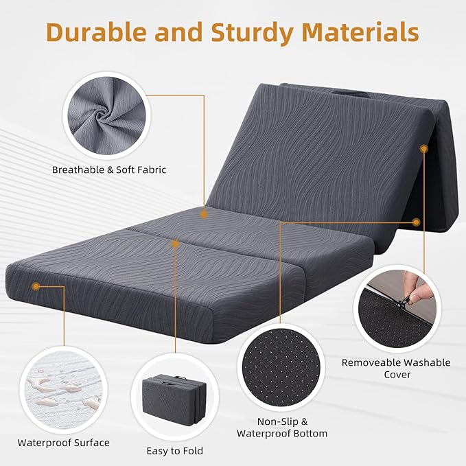 Foldable Memory Foam Mattress - 3 Inch Twin Waterproof Collapsible Mattress with Washable Cover, Portable Guest Bed Pad, Sleeping Mat for Travel RV Camping Yoga, Non-Slip Bottom,75"x38"x3"