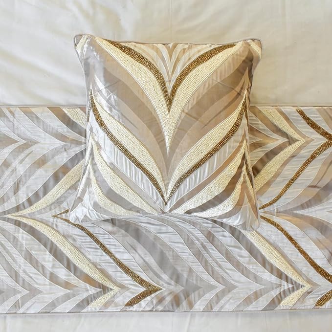 The HomeCentric King/Queen/Twin Ivory Decorative Twin 53"x18" Bed Runner with One Pillow Cover, Bead Hand Embroidery Bed Scarf on Jacquard Fabric - Clarissa Serene