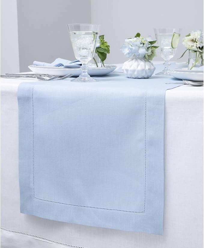 Solino Home Linen Sky Blue Table Runner 156 Inches Long - 100% Pure Linen Extra Long Table Runner 14 x 156 Inch for Christmas, New Year - Classic Hemstitch