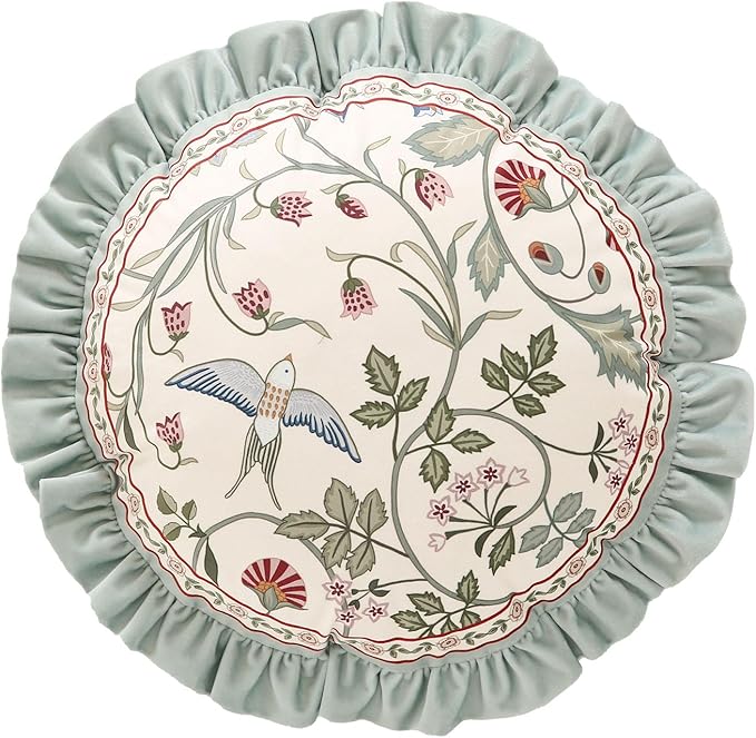 Round Throw Pillow Cover,Green Cozy Velvet Farmhouse with Birds and Floral Pattern Pillowcases,Decoration Pillows Cushion Covers for Couch Sofa Bed Car Chair,Diameter 16"