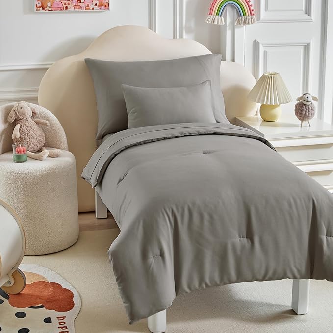 Toddler Bedding Set - 5 Piece Soft and Breathable Toddler Bed Set for Boys and Girls, Includes Quilted Comforter, Fitted Sheet, Flat Top Sheet, Standard Pillowcase and Toddler Pillowcase, Dark Gray