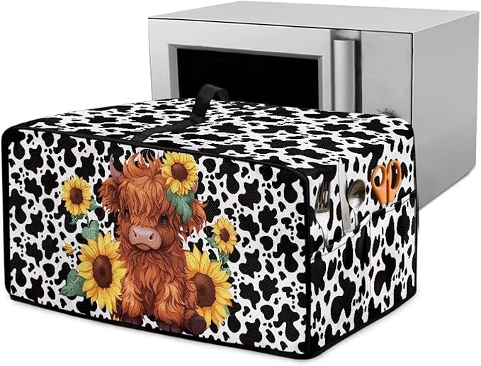 Microwave Oven Cover with Storage Pockets Waterproof Toaster Oven Dust Cover Universal Kitchen Appliance Protector, Cartoon Highland Cattle Sunflower Cow Print, M