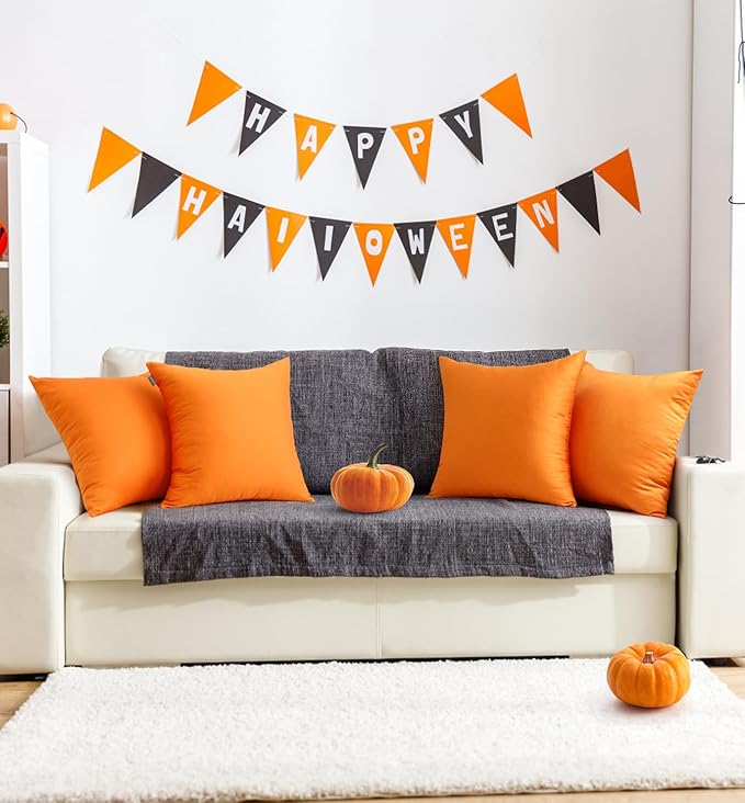 Thmyo 4-Pack 100% Cotton Comfortable Solid Decorative Throw Pillow Case Square Cushion Cover Pillowcase Sublimation Blank Halloween DIY Throw Pillow Covers for Sofa Bed(16x16 inch/40x40cm,Fall Orange)
