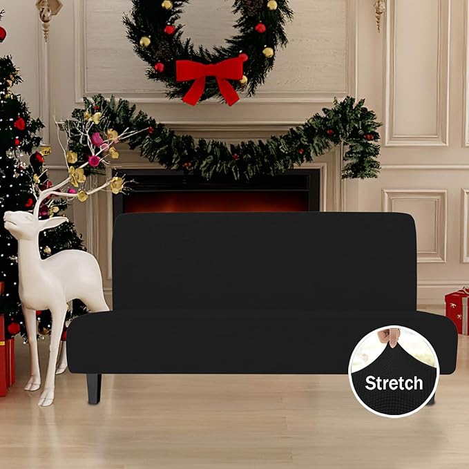 Easy-Going Stretch Futon Slipcover Armless Futon Bed Cover Furniture Protector Without Armrests with Elastic Bottom for Kids, Soft Jacquard Fabric Small Checks (Large, Black)
