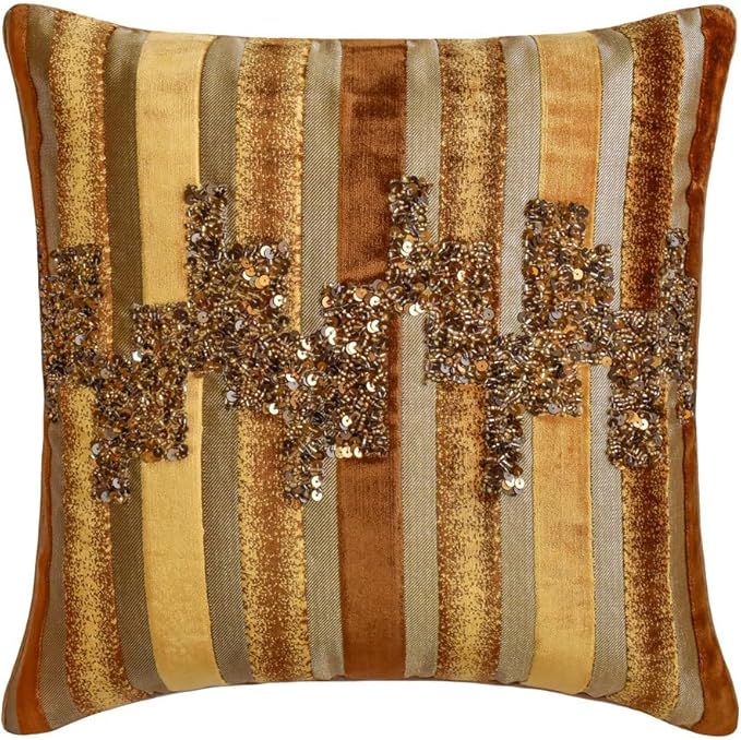 The HomeCentric King/Queen/Twin Gold & Brown Decorative King 90"x18" Bed Runner Without Pillow Cover, Striped, Beadwork & Handmade Bed Scarf on Velvet Fabric - Streamlined