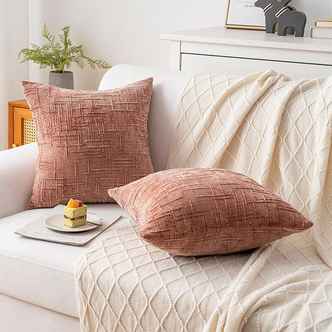 Decorative Throw Pillow Covers 22x22 Inch Set of 2, Soft Solid Farmhouse Chenille Couch Pillows, Spring Pillow Covers for Couch Sofa Bed Living Room Home Decor Pillowcase, Coral