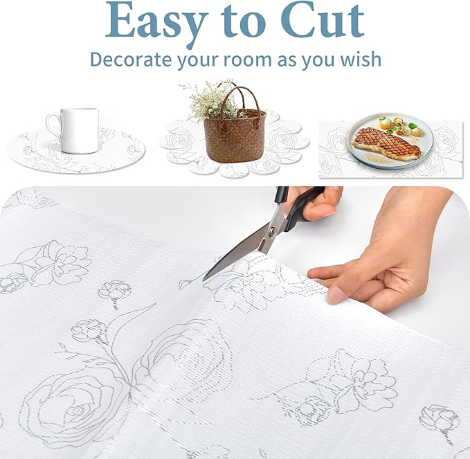 Shelf Liners for Kitchen Cabinets 12in x 10FT Non Adhesive Drawer Liner Sliver Floral Thickened Shelf Liner Paper Strong Non-Slip Easy to Clean for Tool Box Refrigerator with Knife and Tape Measure