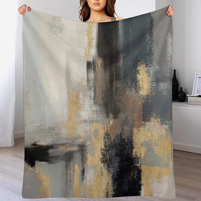 Fashion Gradient Blanket, Modern Abstract Baroque Glod Grey Painting Strokes Pattern Soft Warm Cozy Plush Flannel Covers for Livingroom Bedroom Couch Chair Camping Travel Home Decor Tapestry 50x60in