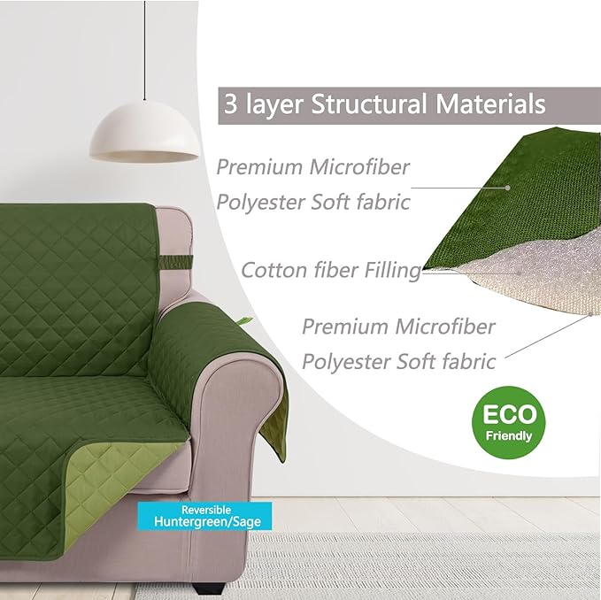 U-NICE HOME Recliner Chair Covers Reversible Chair Cover Pet Covers for Dogs with Elastic Straps Water Resistant Diamond Quilted (23''Recliner Small, Huntergreen/Sage)