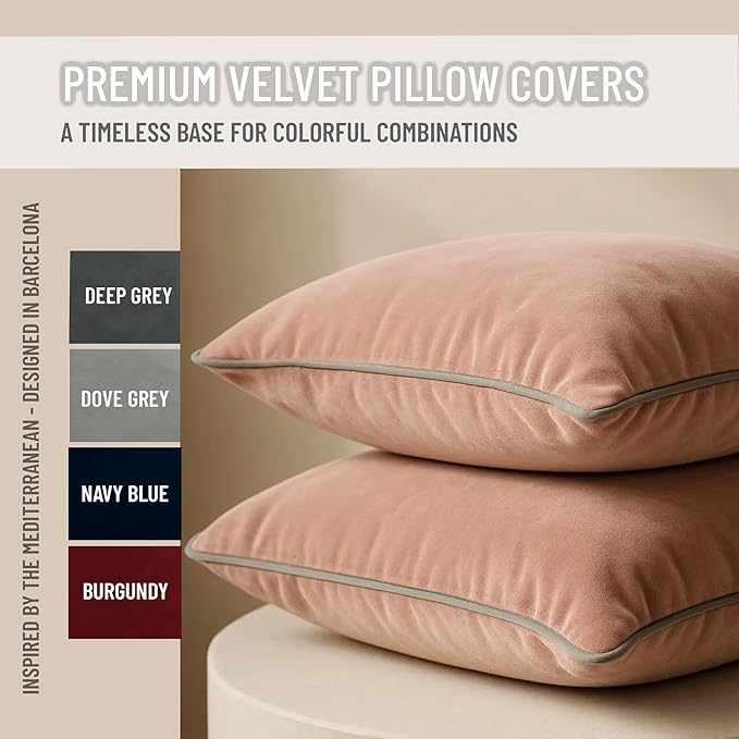 2 Pack Velvet Decorative Throw Pillow Covers, 12"x20", Pink and Grey, Solid, Modern, Contrast Piping, Indoor Use, Bedroom & Living Room