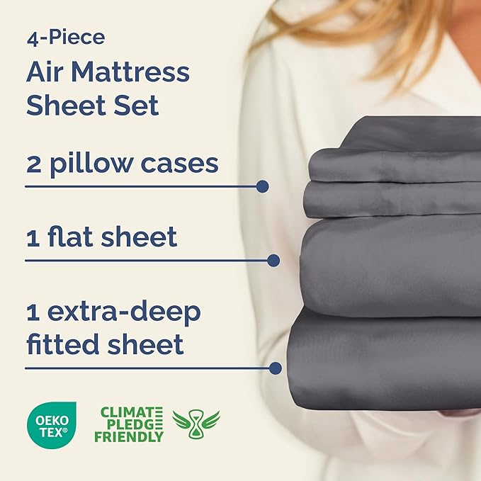 Air Mattress Sheet Set for Full Size - 4 Piece Breathable & Cooling Sheets w/Extra Deep Pockets - Fits Inflatable & Blow Up Air Mattresses Up to 24 Inches Thick - Soft and Wrinkle Free - Dark Grey
