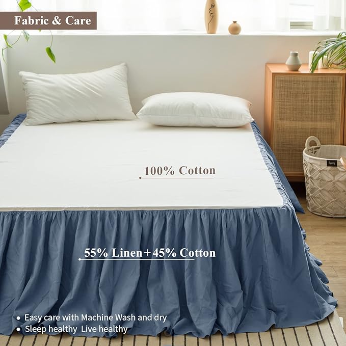 BISELINA French Linen Bed Skirt with Pleated Frills 14-Inch Tailored Drop Natural Flax Cotton Blend Dust Ruffle Soft Cozy Farmhouse Bedding (14" Twin, Navy Blue)