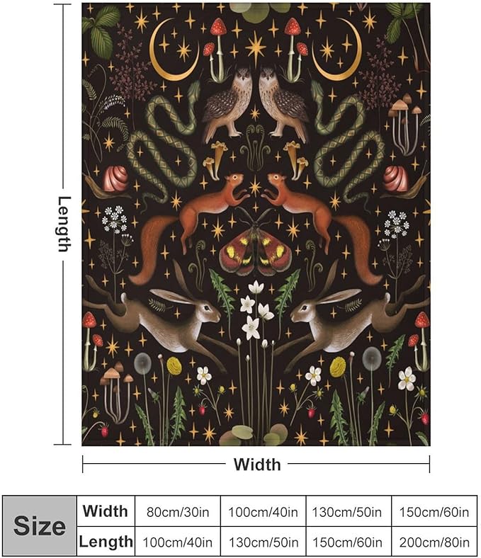 Rustic Forest Throw Blanket, Fairy Tale Forest Land Wild Animals Moths Flowers Moon Star Soft Flannal Blanket for Adult Kids Bed Couch Sofa, 50"x60"