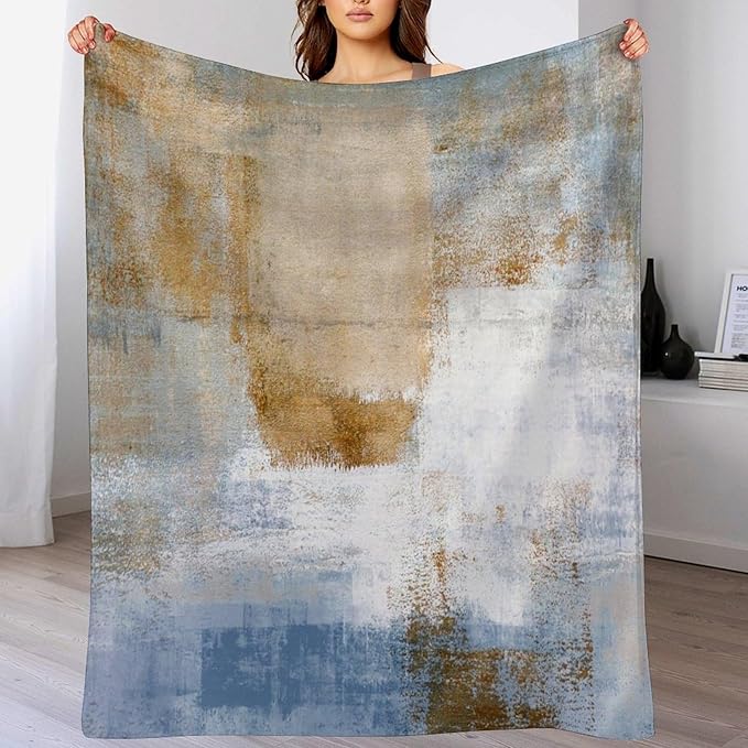 Abstract Gradient Blanket, Modern Fashion Art Blue Brown Painting Strokes Pattern Soft Warm Cozy Plush Flannel Covers for Livingroom Bedroom Couch Chair Camping Travel Home Decor Tapestry 60x80in