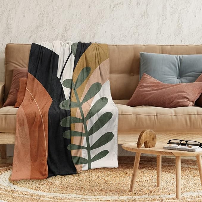 Boho Mid Century Blankets Black Geometric Throws Beige Abstract Modern Throw Blanket Minimalist Sun Soft Warm Bed Bedding Blankets for Couch Bedroom Sofa Office Cozy Flannel Blanket 40"X50"