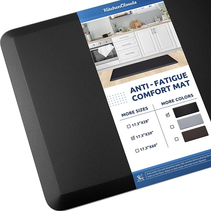 KitchenClouds Cushioned Anti Fatigue Kitchen Rug, 17.3"x39", Waterproof Non Slip, Standing Desk Mat, Comfort Floor Mat for Kitchen, House Sink, Office (Black)