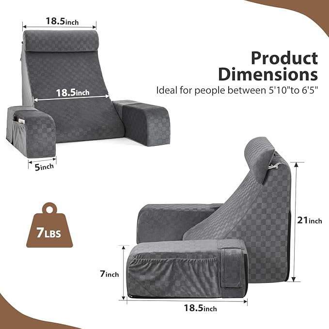 Vekkia 21" Reading Pillow with Arms and Headrest – Tall Back Support Cushion for Adults, Multi-Density Foam, Removable Cover & XL Side Pockets – for Reading, TV & Gaming in Bed & Floor 21"(Grey)
