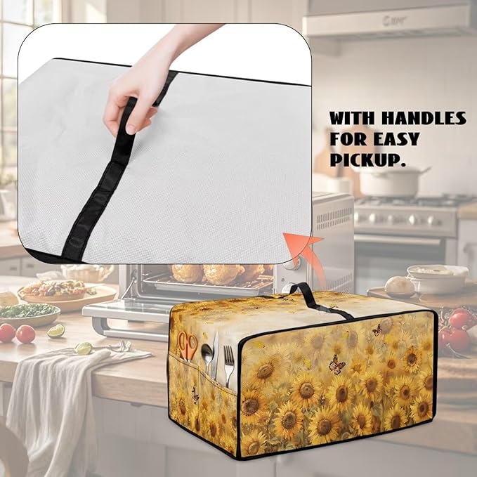 Microwave Oven Cover Dustproof Air Fryer Toaster Oven Protector with Storage Pockets, Stain-resistant Small Appliance Cover for Kitchen Decor, S, Sunflower Butterfly