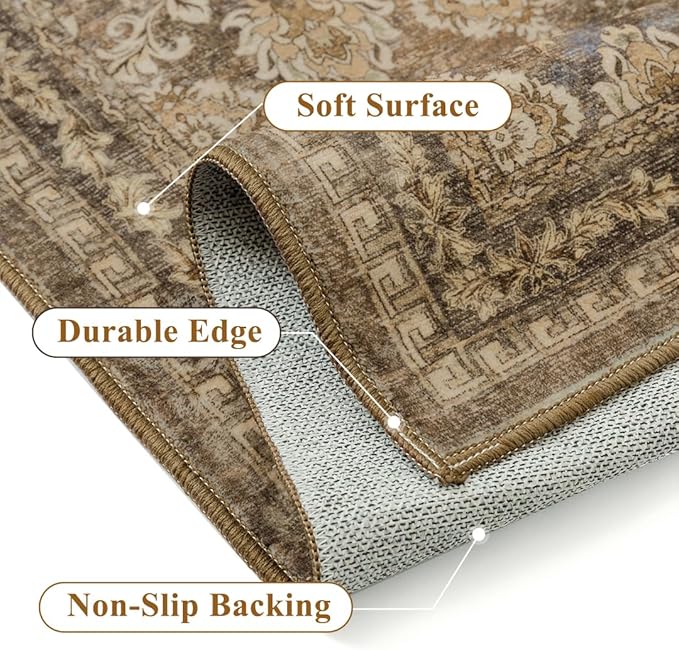 6x9 Vintage Area Rug Brown Washable Living Room Large Non Slip Carpet Bedroom Indoor Office Low Pile Traditional Distressed Retro Floral Accent Rug for Dining Room Kitchen