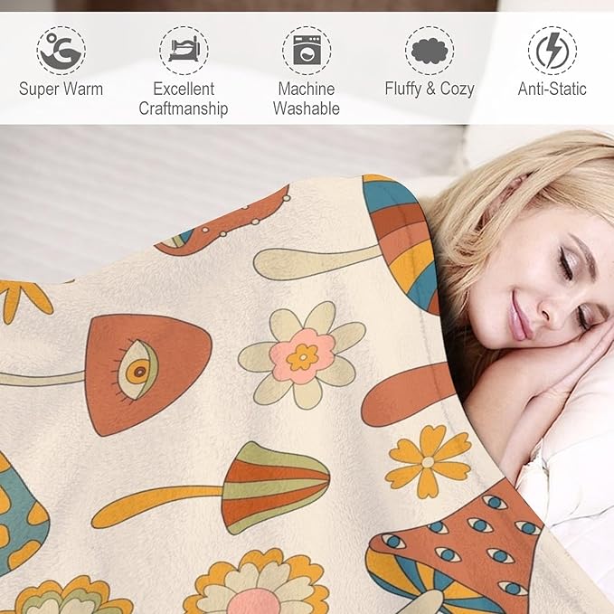 70s Mushroom Throw Blanket, Retro 60s Groovy Mushroom Boho Hippie Flowers Print Blanket for Kids Baby Bedroom Sofa Holiday Decor 60"x80"