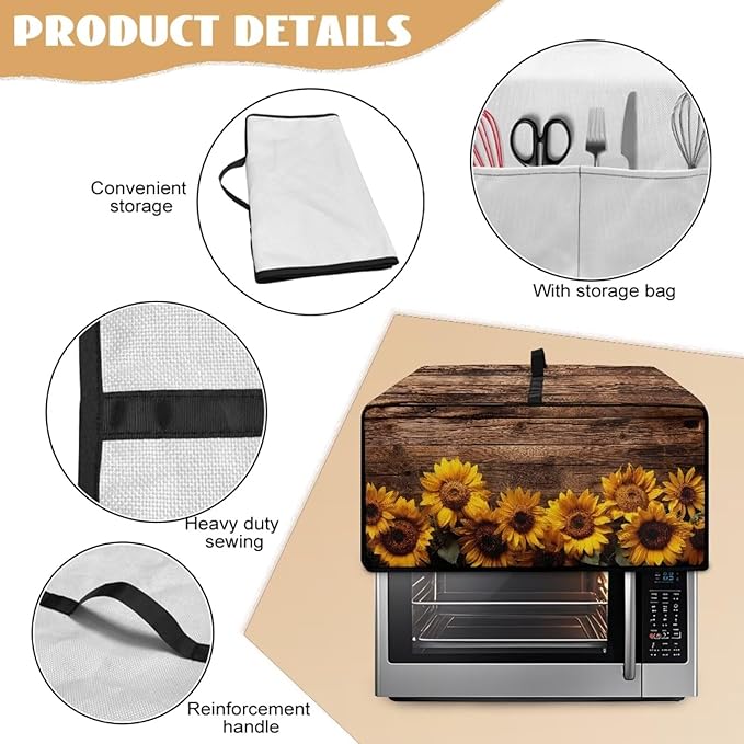 Microwave Oven Cover Vintage Sunflower Wood Grain Print Waterproof Toaster Oven Dustproof Cover Large Size Kitchen Appliance Protector with Storage Bag Machine Washable, L