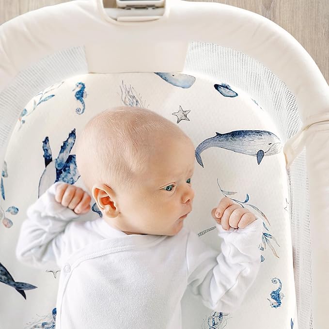 GRSSDER Stretchy Ultra Soft Fitted Bassinet Sheet Set 2 Pack, Universal Fit for Bassinets Baby Cradle Moses Basket Oval Rectangle Mattress Safe and Snug, Sea Fish & Space Stylish Print
