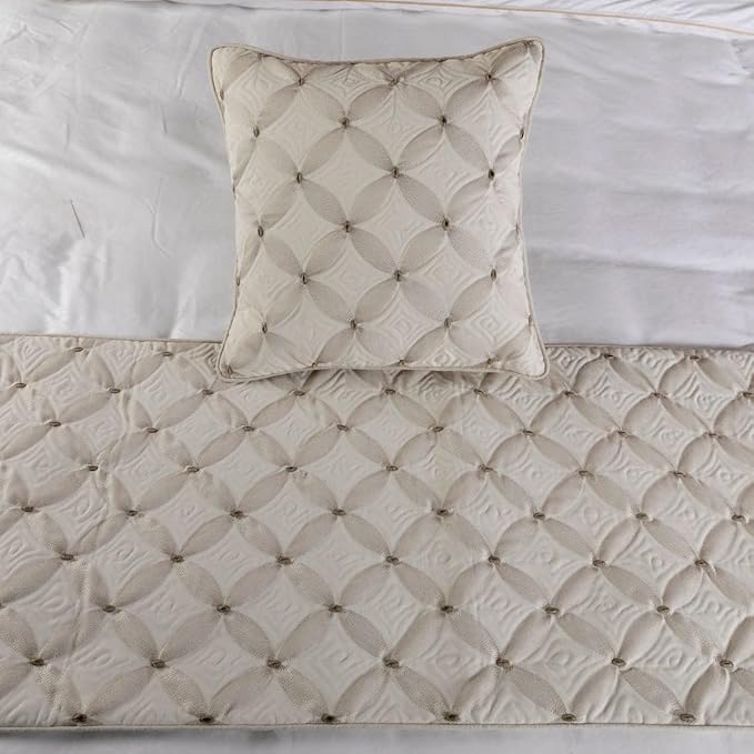 The HomeCentric King Queen Twin Ivory Bed Runner with Decorative Throw Pillow Cover, Queen Size 74"x18" Bed Runner with Pillow Cover, Linen Quilted & Embroidery, Modern Contemporary - Tender Love