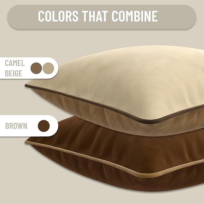 Set of 2 Decorative Throw Pillow Covers Cushion Cases. Soft Velvet. Contrast Pipping Edge. Filling Not Included. (20x20in, Camel/Beige)
