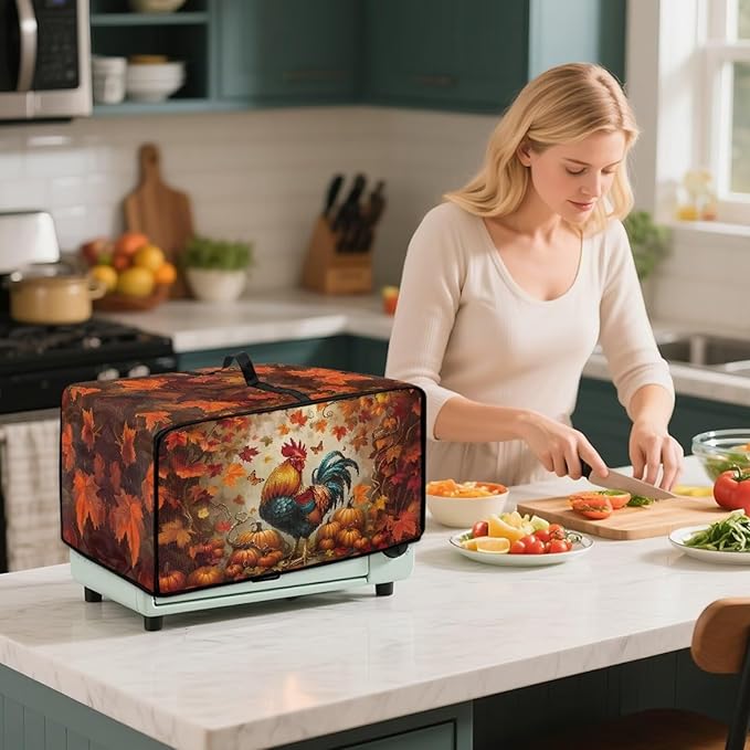Air Fryer Toaster Oven Cover with Pockets, Stain-resistant Microwave Oven Protector for Kitchen Countertop, L, 18.5 x 22.5 x 13 Inches, Chicken Rooster Pumpkin Fall Leaves