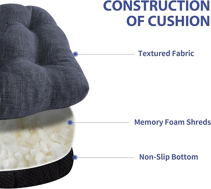 Chair Cushions for Dining Chairs Set of 2, Kitchen Chair Cushions, Chair Pads with Ties and Non Slip Backing, Tufted Memory Foam Seat Cushion 2 Pack, 15.5" x 15.5" x 4", Navy Blue
