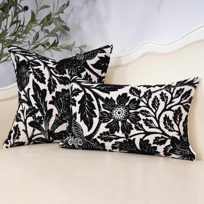 Yangest Chenille Floral Pillow Cover 20 x 20 Inches, Neutral Jacquard Square Throw Pillow Cover Soft Decorative Nature Accent Couch Pillow Cover for Living Room Bedroom, Black