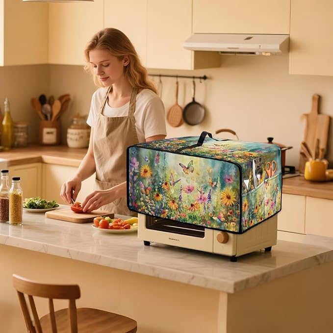 Microwave Oven Dust Cover with Storage Bags Waterproof Microwave Oven Grill Cover Protector Universal Reusable Decor Accessories for Kitchen, Vintage Daisy Sunflower Floral Butterfly Print, S