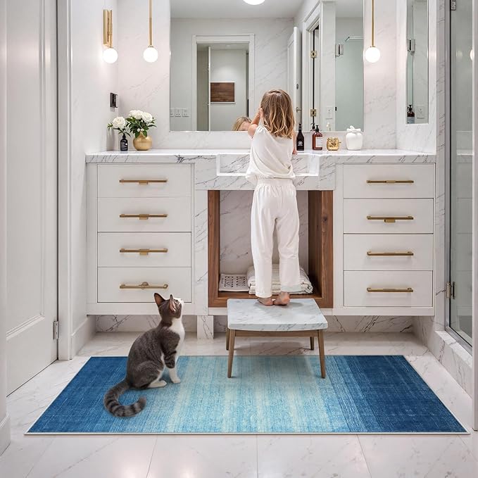Wonnitar Ombre Blue Washable 2x6 Runner Rug for Hallway, Modern Bathroom Rug Runner, Non-Slip Low Pile Gradient Soft Entryway Carpet Runner for Laundry Entrance Kitchen (Blue, 2'x6')