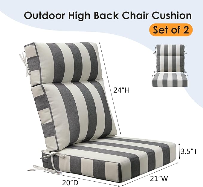 Outdoor Separate High Back Chair Cushion Seat Pads, 2-Pack 44 x 21 Inch Water-Repellent & Fade-Resistant Patio Furniture Cushions with Ties for Adirondack, Rocking Chairs, Gray Stripe